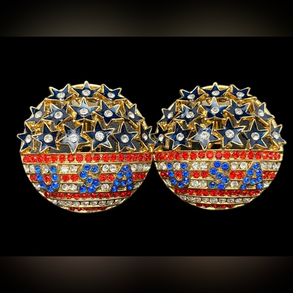 USA star Red White Blue Rhinestone US Flag Clip On Earrings - Picture 4 of 4